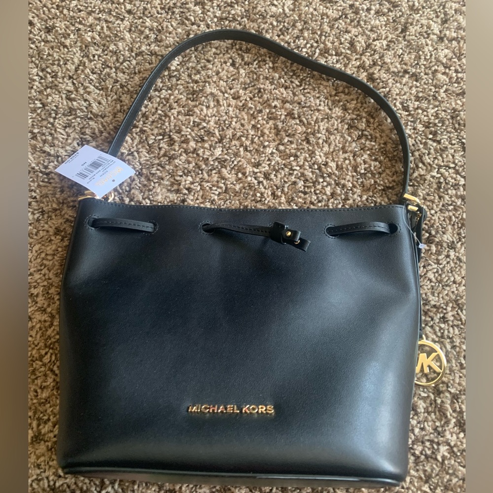 michael kors eden medium black bucket bag messenger leather nwt